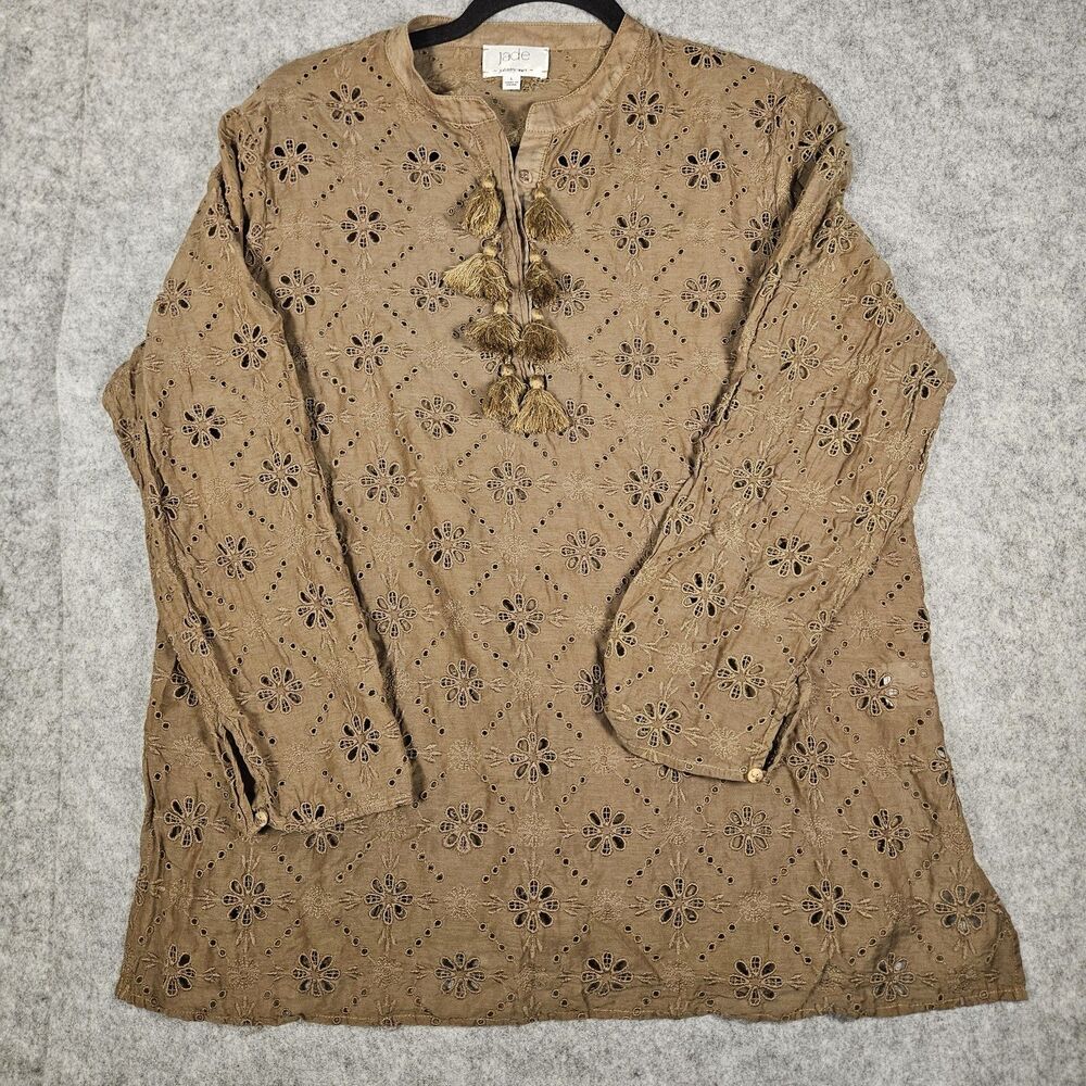 Jade By Johnny Was Brown Green Vidya Eyelet Tassel Tunic Hippie‎ Boho Size L